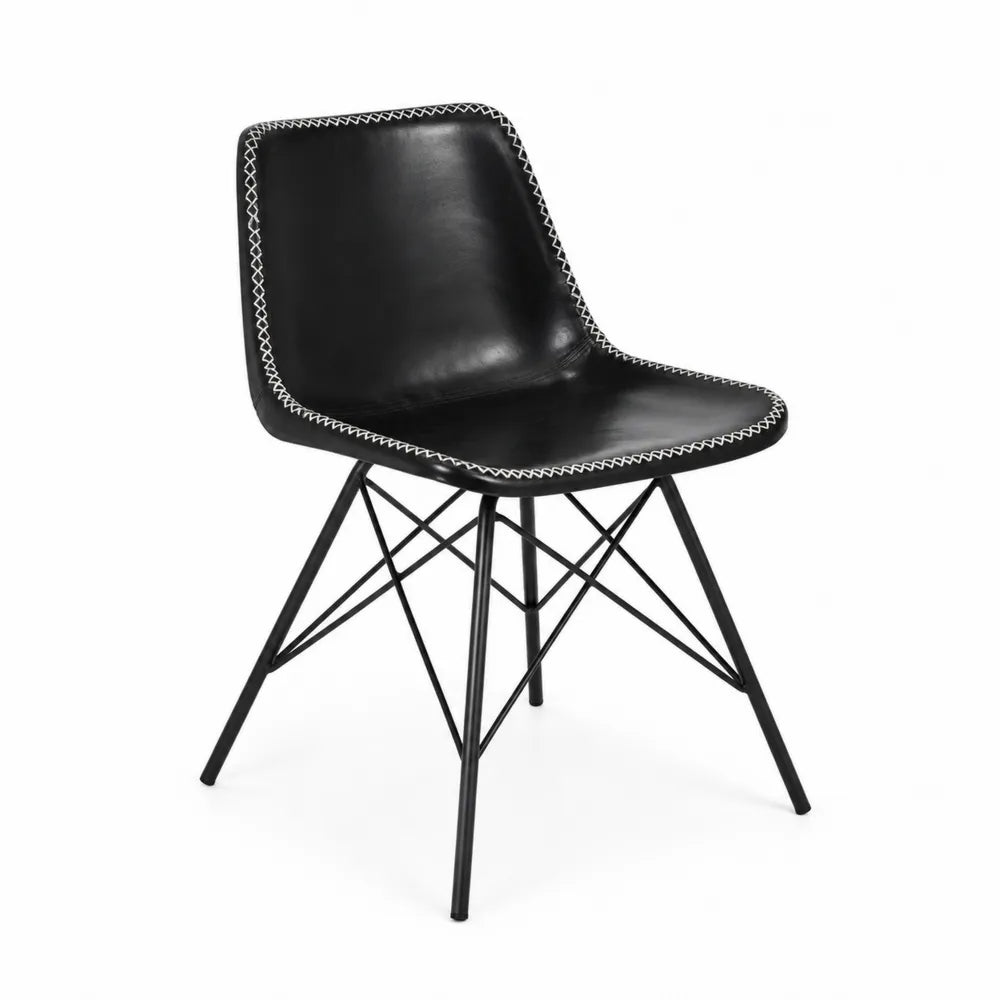Chaise en cuir noir avec pieds en acier, 80 cm