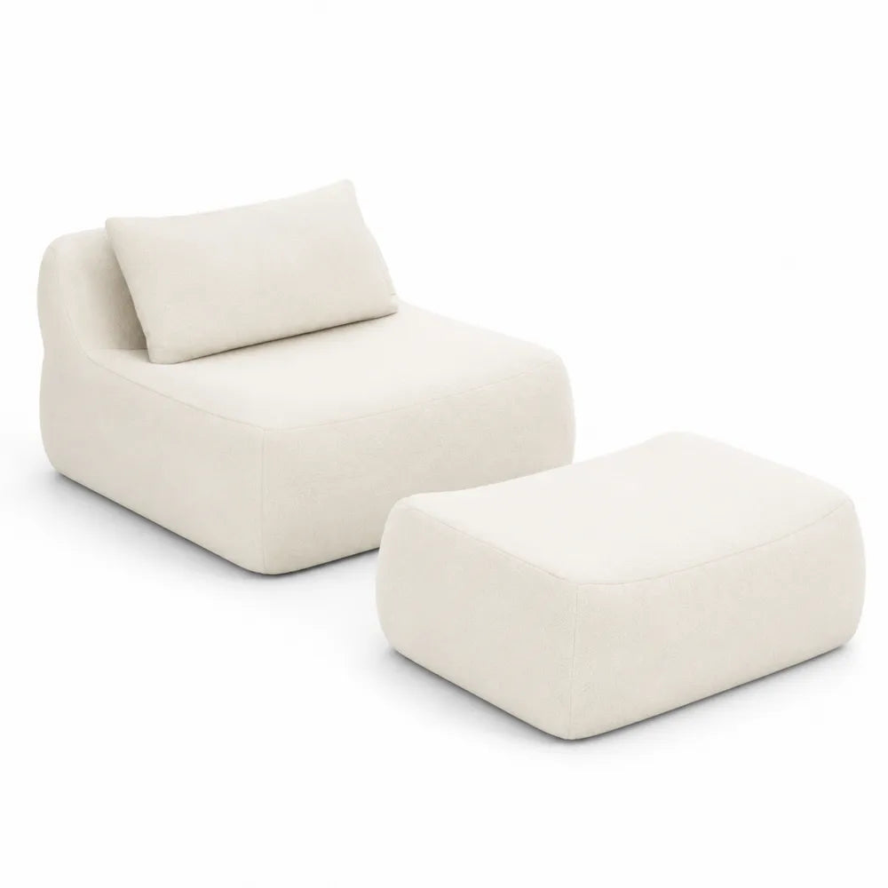 Fauteuil et Repose-pied en Tissu Crème