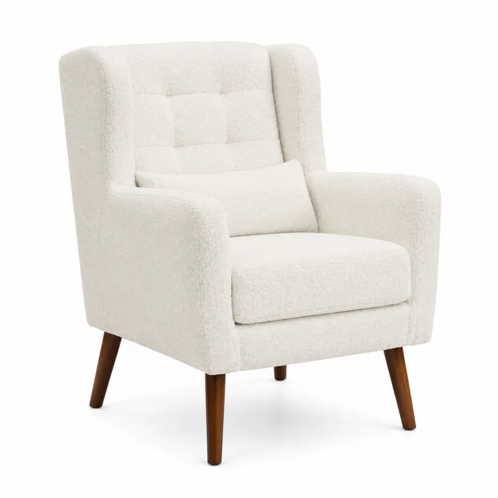 Fauteuil en Bouclette Blanc Crème avec Pieds en Bois de Hêtre