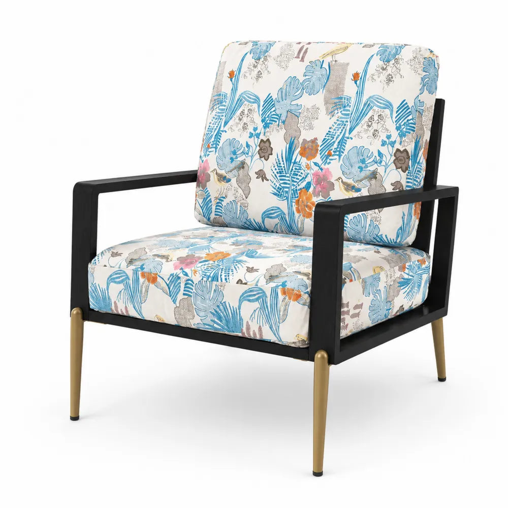 Fauteuil motif floral avec cadre en bois et pieds en métal