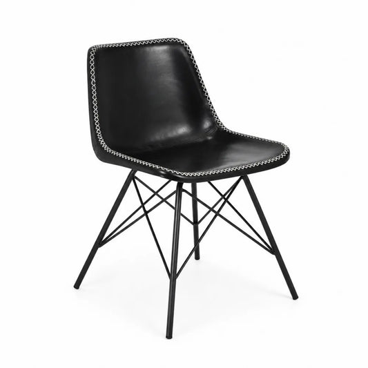 Chaise en cuir noir avec pieds en acier, 80 cm