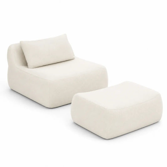 Fauteuil et Repose-pied en Tissu Crème