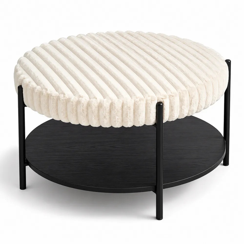 Repose-pieds rond en peluche et métal noir 80cm