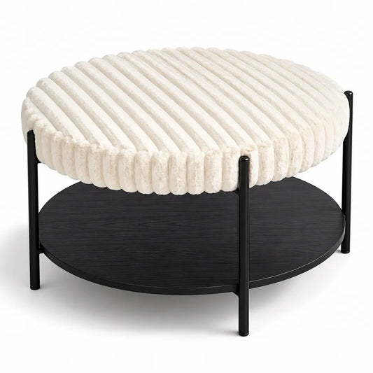 Repose-pieds rond en peluche et métal noir 80cm