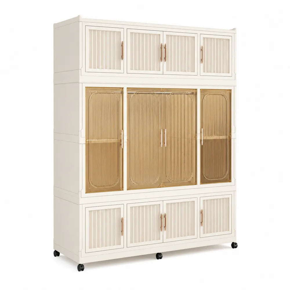 Armoire en métal et verre texturé Blanc et Or 180x50x210 cm