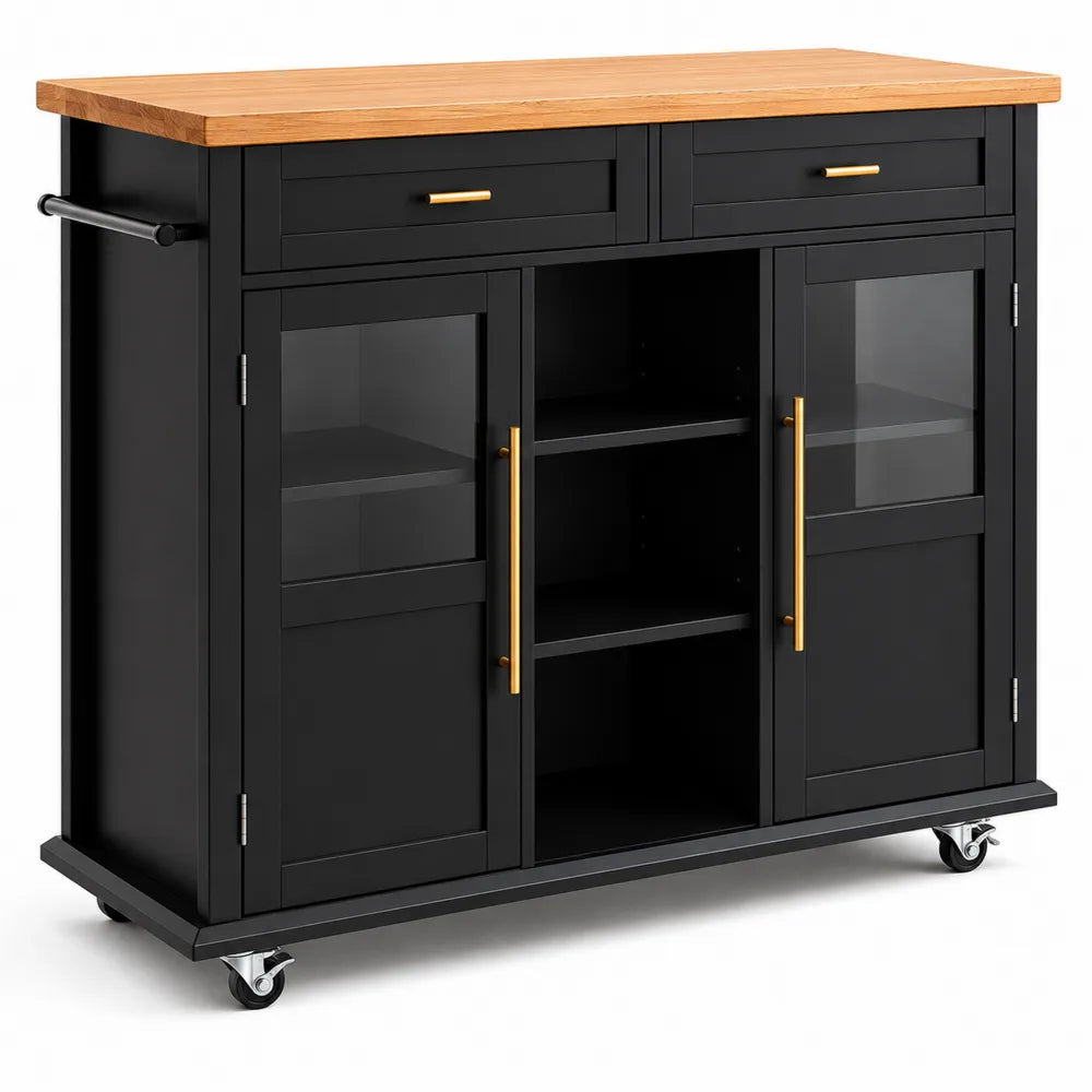 Buffet de cuisine en bois noir avec portes vitrées et roulettes