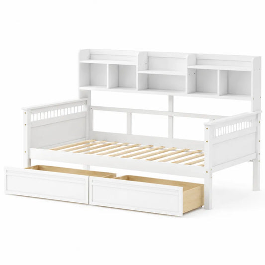 Lit banquette en bois blanc avec étagères et tiroirs 200x90 cm