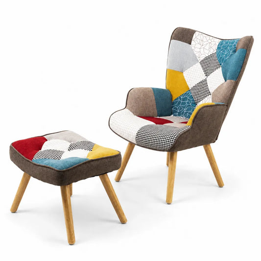 Fauteuil et Repose-pieds Patchwork Multicolore en Bois et Coton